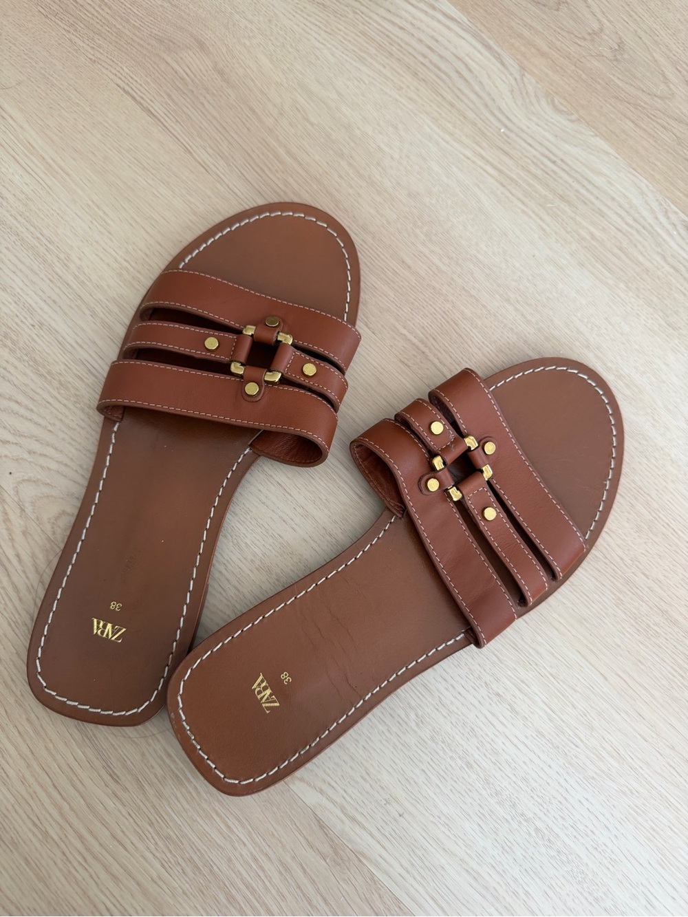 Zara Tan Leather Slide Sandals with Gold Studs
